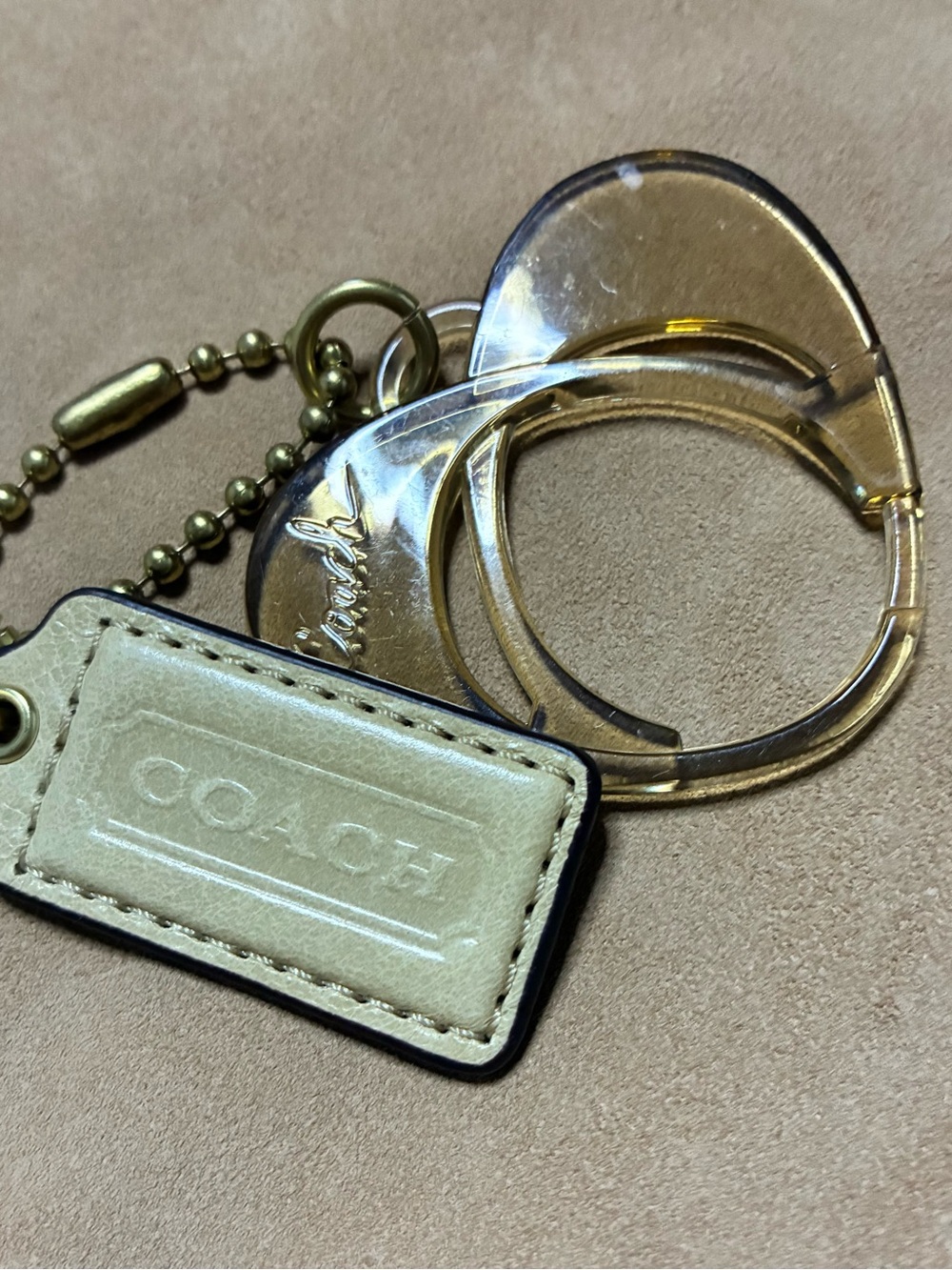 COACH Beige Leather Keychain with Gold Heart Charm